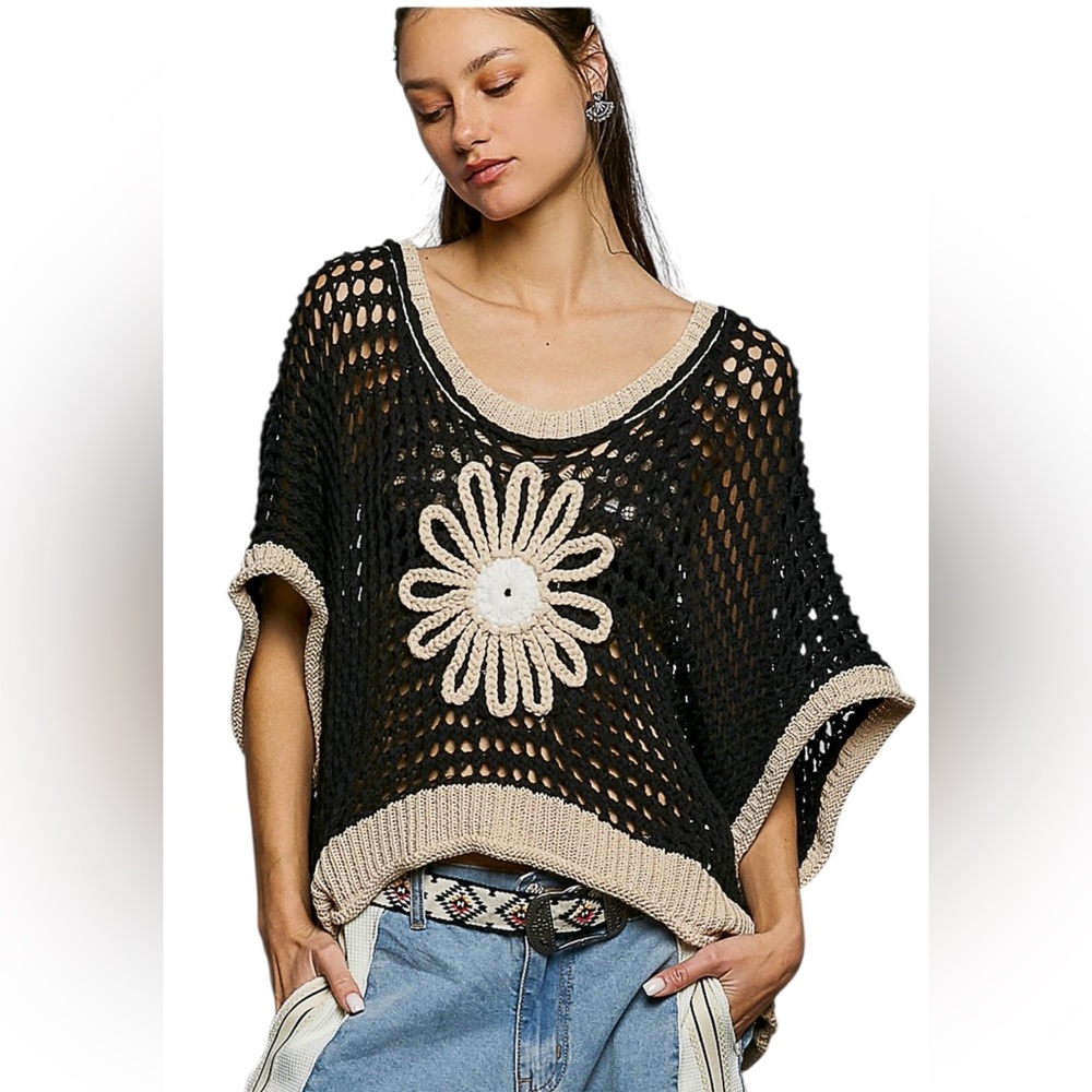 POL 🌼 Black Cotton Blend crochet Short Sleeve Floral Top - Picture 6 of 7